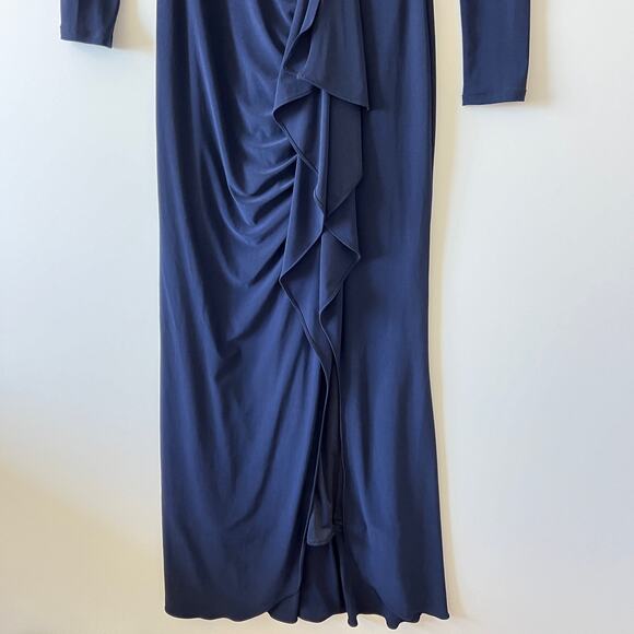 Betsy & Adam Navy Blue Stretch Jersey V Neck Long Sleeve Ruffled Gown Womens 4 - Picture 5 of 12